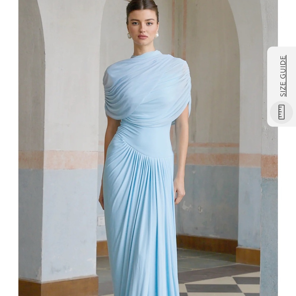 Blue Asymmetrical Pleated One-Shoulder Maxi Dress